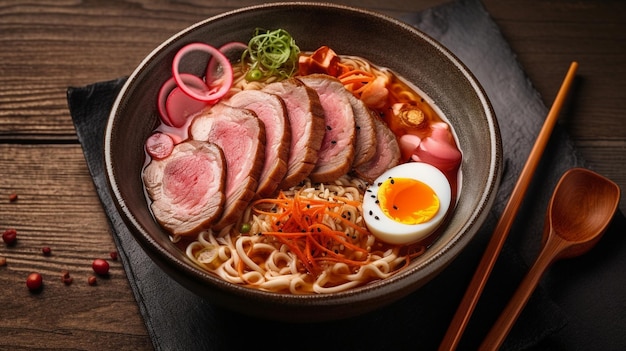 Ramen asian noodle in broth with Beef tongue meat