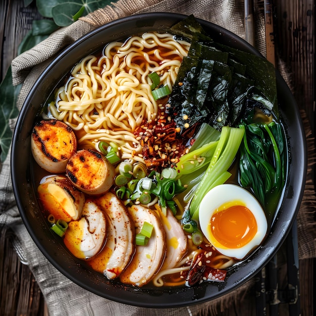 Ramen A bowl of spicy miso ramen with a fiery red broth chunks of marinated tofu and a variety o