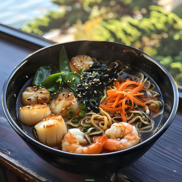 Ramen A bowl of spicy miso ramen with a fiery red broth chunks of marinated tofu and a variety o