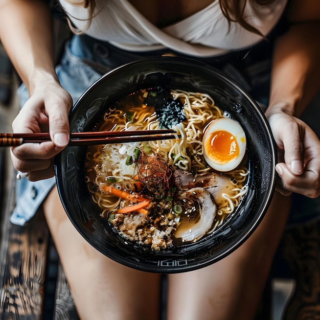 Ramen A bowl of spicy miso ramen with a fiery red broth chunks of marinated tofu and a variety