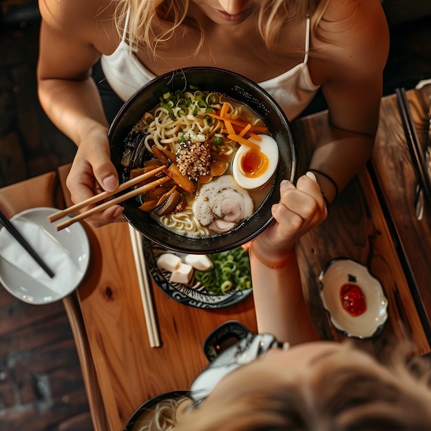 Ramen A bowl of spicy miso ramen with a fiery red broth chunks of marinated tofu and a variety