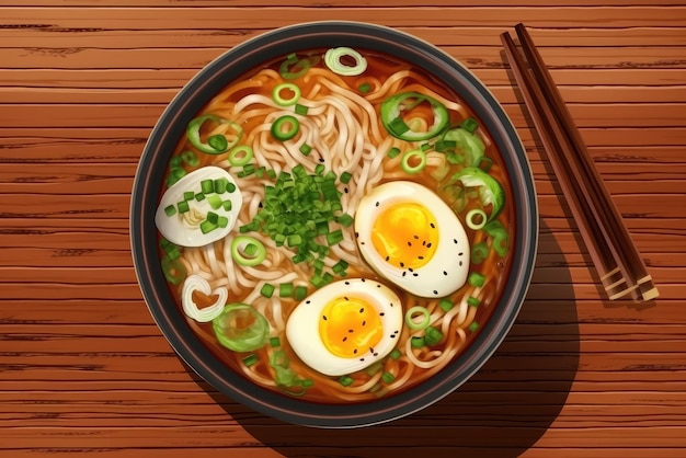 Ramen in a bowl top view Ramen soup with egg and green onions Generative AI