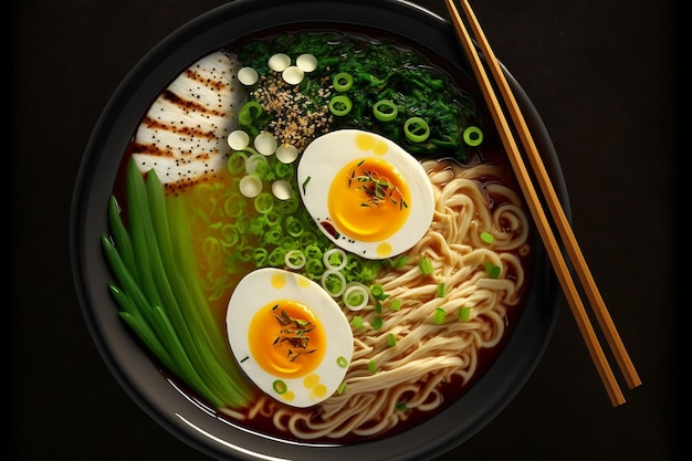 Ramen in a bowl top view Ramen soup with egg and green onions