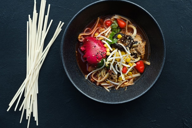 Ramen ingredients. Fresh organic products for cooking traditional Korean noodle soup