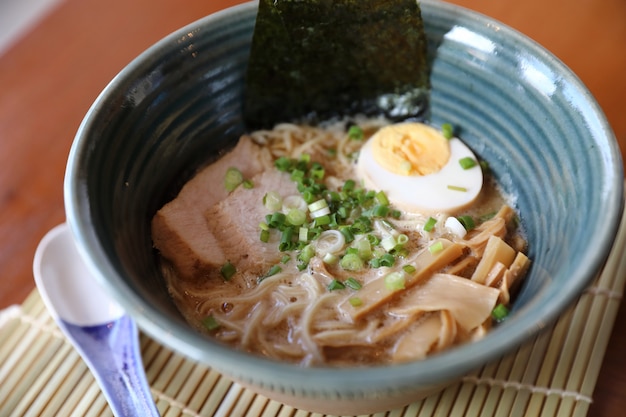 Ramen Japanese noodle soup food with noodle pork egg seaweed