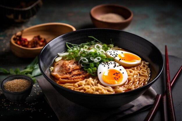 Ramen meal food noodle chopstick bowl soup japanese vegetable asian Generative AI