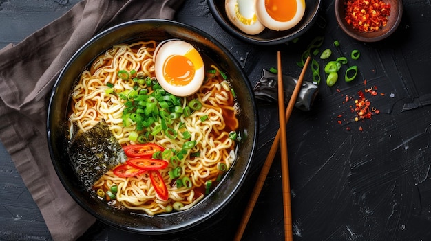 Photo ramen noodles with soft boiled egg green onion and chili peppers