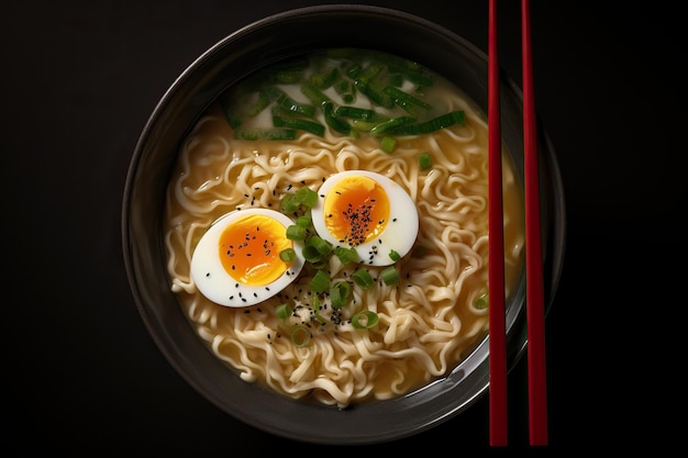 Ramen soup is a traditional Japanese dish consisting of noodles served in a flavorful broth typically made with soy sauce or miso paste Generative AI