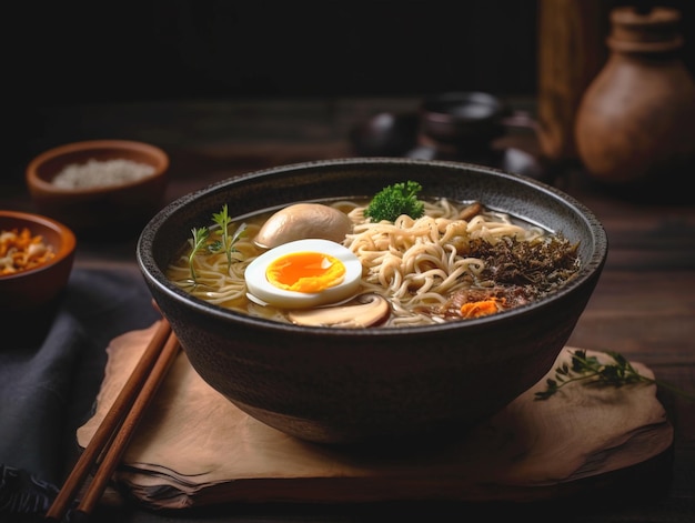 Ramen soup with noodles leek shiitake mushroom nori soft egg and chashu pork on a dark background