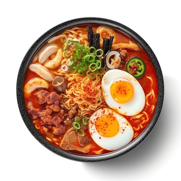 ramen with many toppings on it japanese food