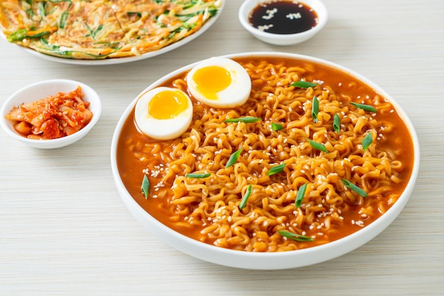 Ramyeon or Korean instant noodles with egg - Korean food style