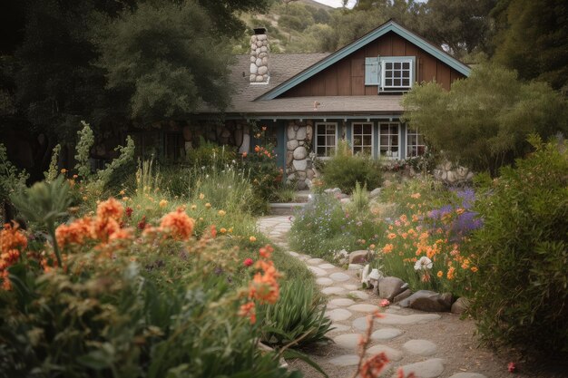 Ranch house exterior with lush greenery and blooming flowers