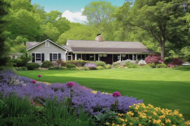 Ranch house surrounded by lush green lawn and flowering gardens