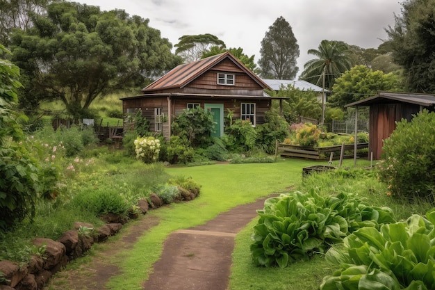 Ranch house with shed and garden surrounded by greenery