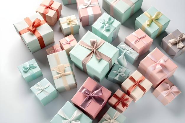 Random pile of pastel gift boxes with ribbons