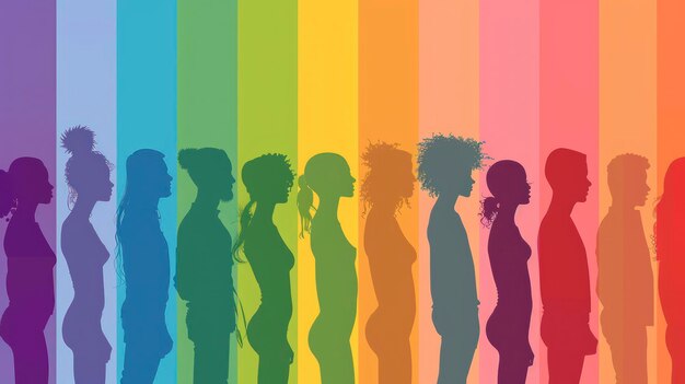 Photo random pose silhouettes in solid colors emphasizing gender ethnicity and physical differences