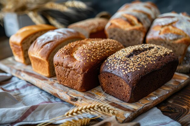 Range of bread varieties with nutritious grains on a wooden setting Bakery concept delightful breakfast