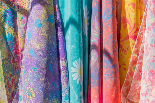 Photo range of colorful silk  scarfs in the shop.