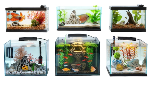 Range of Fish Tanks with Decorations and Fish on white background