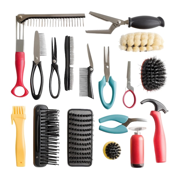 Range of Pet Grooming Tools Including Brushes on white background