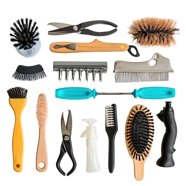 Range of Pet Grooming Tools Including Brushes on white background