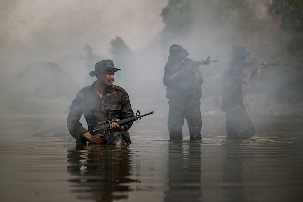 The rangers wade through the water to randomly shoot and attack.