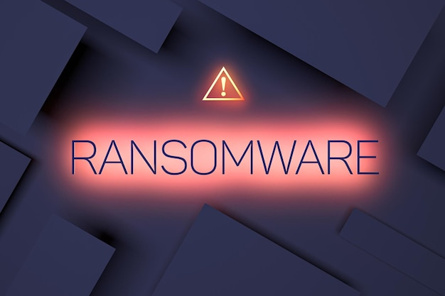 Ransomware concept neon text with warning sign concept of virus software PC hacking data theft 3D render