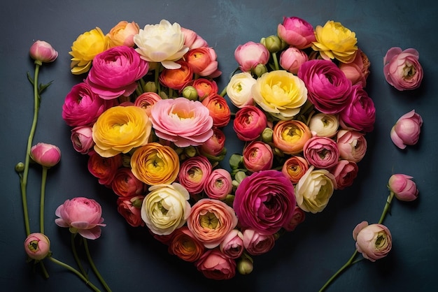 Photo ranunculus flowers arranged in a heart shape