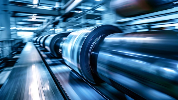 Rapidly moving rolls create an impressive motion blur showcasing the efficiency of the newspaper printing process in a dynamic factory environment