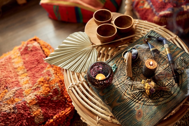 Rappa ceremony preparation items in bali style decorated room