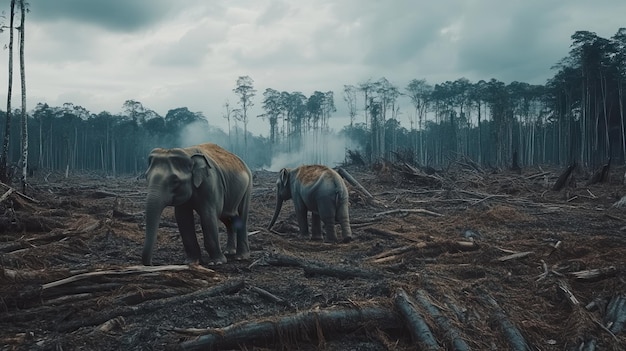 Rare animals are seen in a deforested area highlighting the ongoing destruction of their natural habitat and the risk of extinction Generative AI