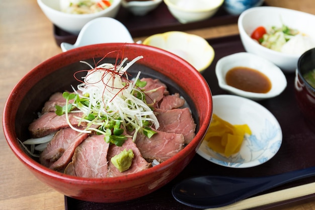 Rare beef rice don in Japanese restaurant