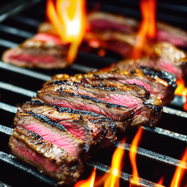 Rare flank steak with toasted crust over flaming grill