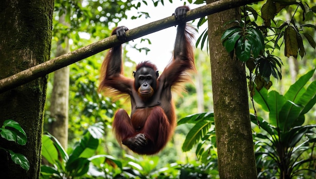 Photo rare sighting of sumatran orangutan swinging among tropical trees