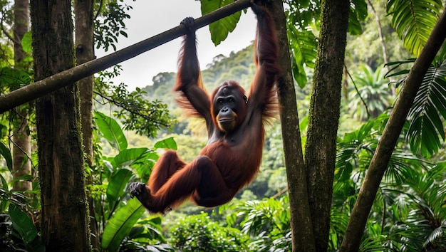 Photo rare sighting of sumatran orangutan swinging among tropical trees