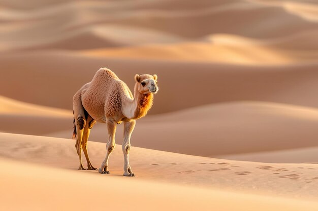 A rare species in the extreme desert environment the Wild Bactrian camel crosses sand dunes under the warm evening light