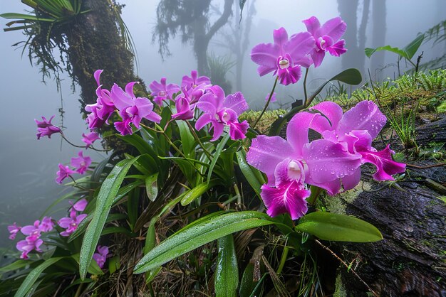 Photo rare species of orchids blooming in a misty rainforest showcasing biodiversity and conservation