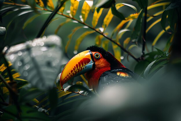 Photo rare toucan its colorful beak among tropical foliage highlighting the vibrant nature and wildlife