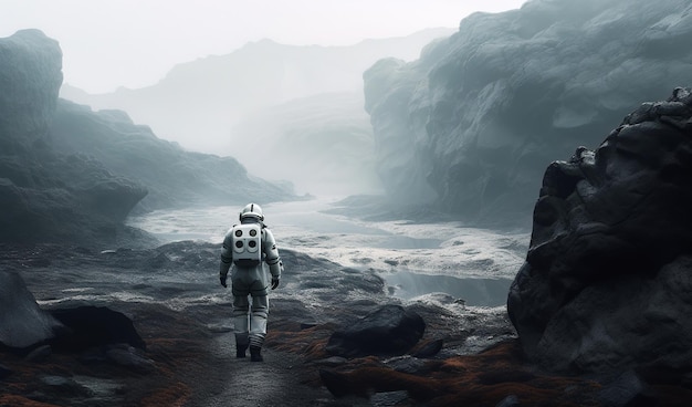 Rare view of the astronaut walking by the deserted rocky landscape Exploration of the unknown planet Generative AI