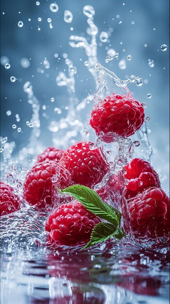 Photo raspberries are in a water splash