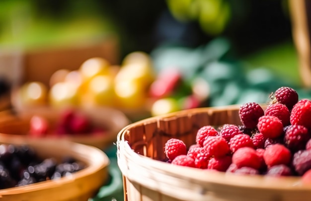 Raspberries in a basket at the countryside farmers market Generative AI