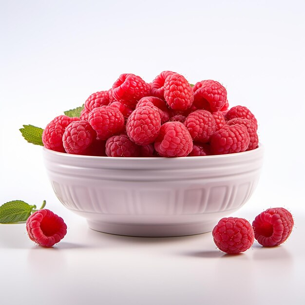 Raspberries on bowl on white background