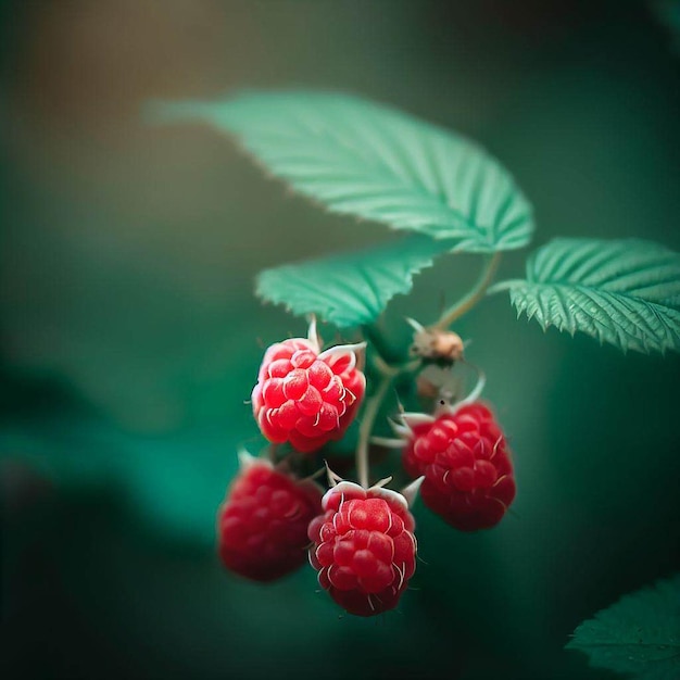 Raspberries on a branch with leaves and the leaves are red.