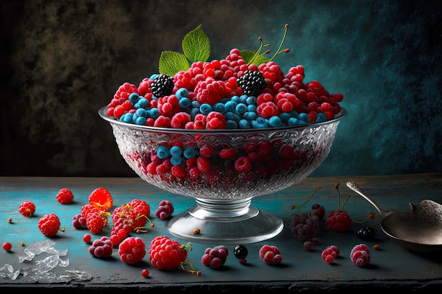 Raspberries cherries and frozen berries in bowl on table