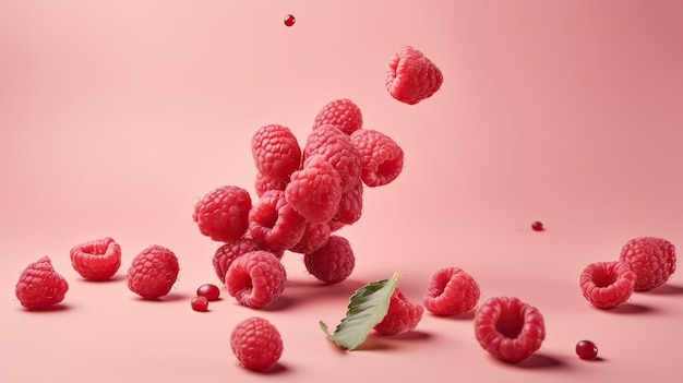 Raspberries falling on a pink background