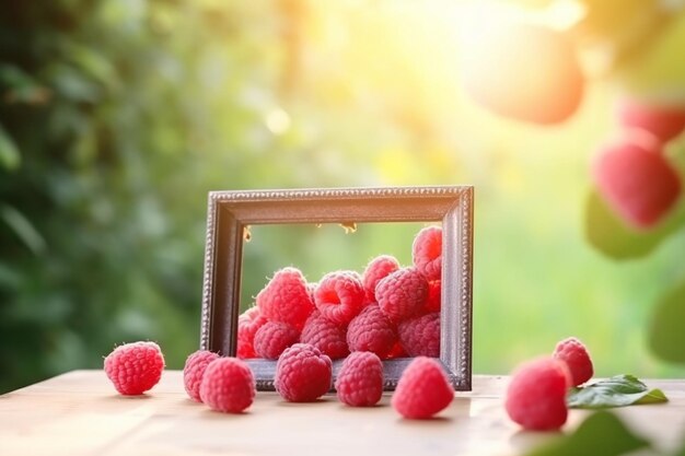 Raspberries in a frame on a table