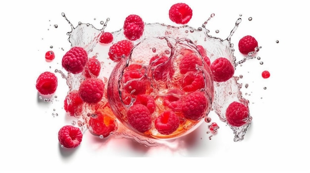 raspberries in juice splash isolated