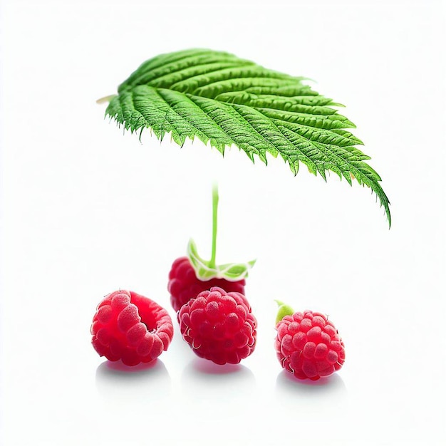 Raspberries and a leaf are on a white background