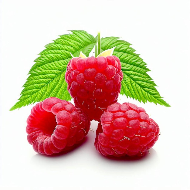 Raspberries and a leaf are on a white background.