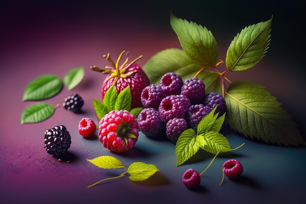 Raspberries raspberries and leaves on purple and black background Generative AI